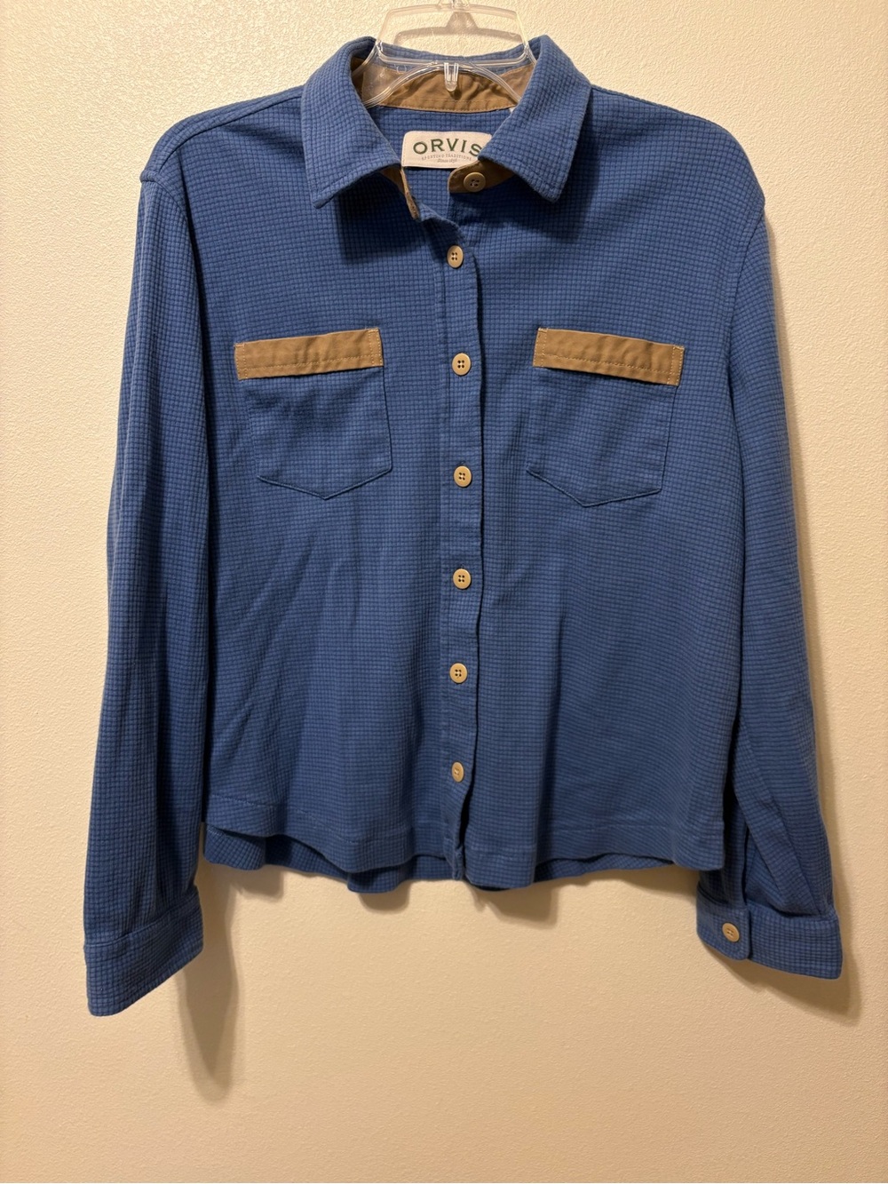Vintage Orvis  woman’s Blue Button-Front Shirt with Tan Pocket Accents